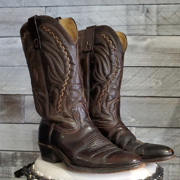 Vintage Brown Cowboy Boots with Decorative Stitching Ranch Rideo Country - Picture 1 of 16